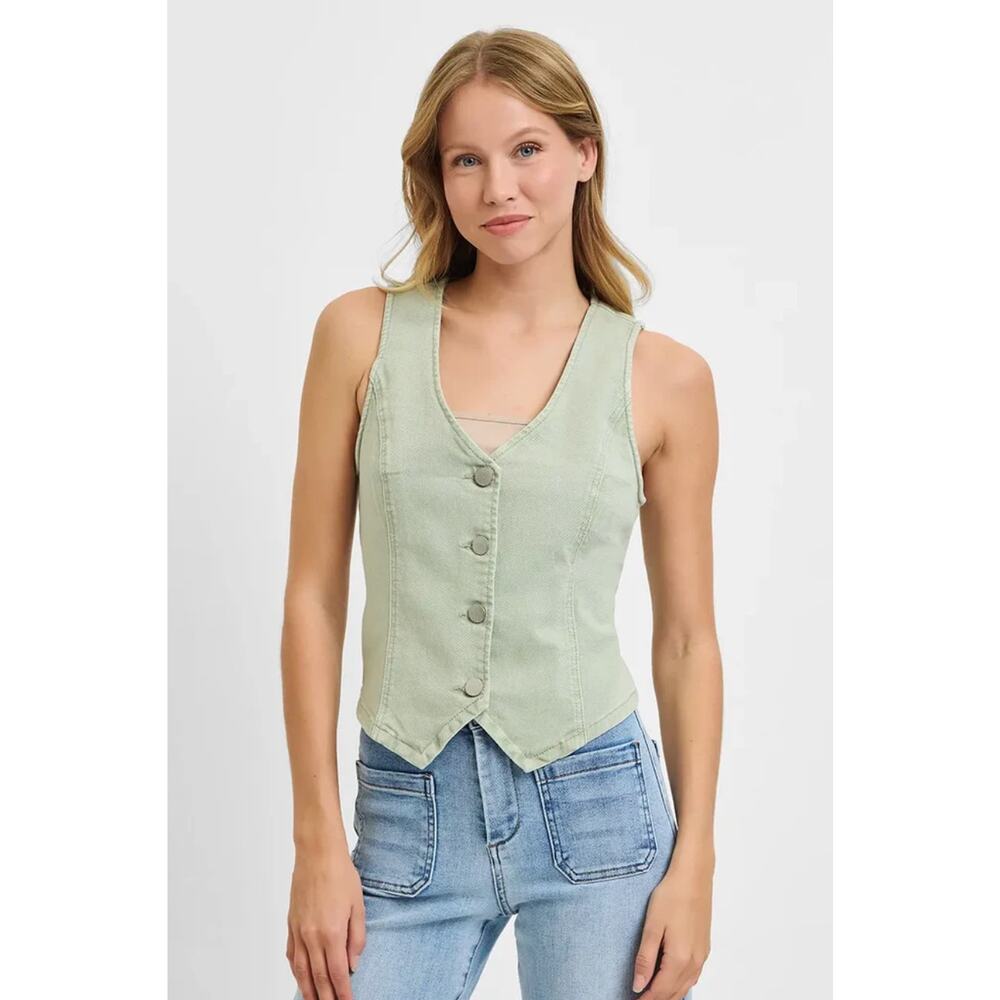 Risen V Neck Button Down Denim Vest Pistachio Green Size S